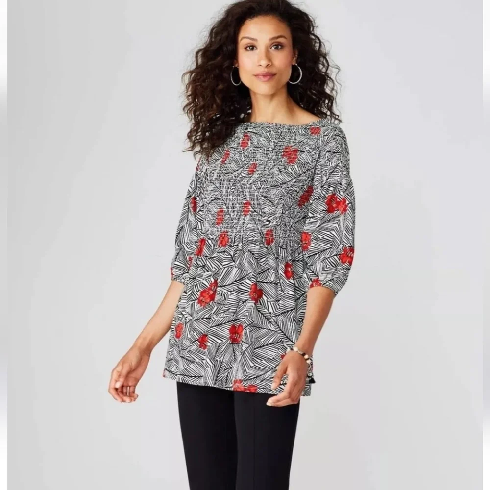J.Jill Smocked Black White Red Floral Peasant‎ Top Size Large Tall